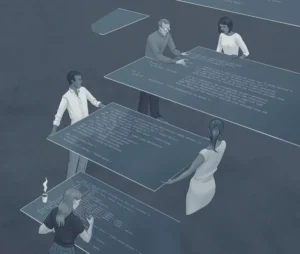 Illustration de personnes portant des grands écrans ou travaillant dessus avec du code sur l'écran